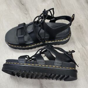Dr. Martens Black Leather Lace-Up Platform Sandals with Yellow Stitching